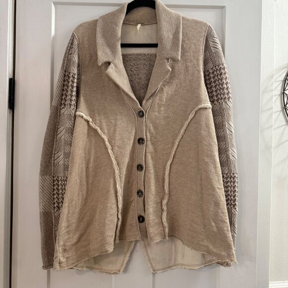 Free People Anthropologie Patchwork Knit Sweater Beige Raw Edges Boho Sz M - Picture 1 of 6
